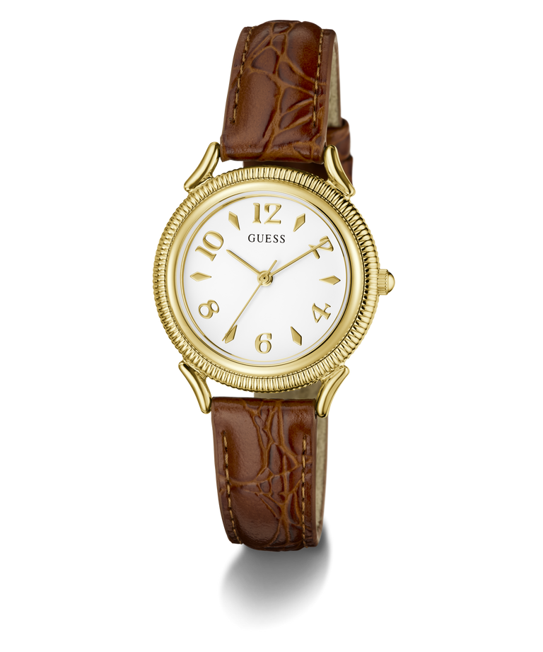 A classic Guess wristwatch with a gold-tone case, white dial with gold Arabic numerals, and a brown leather strap with an embossed crocodile pattern, shown on a white background with a soft shadow.