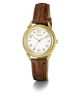 A classic Guess wristwatch with a gold-tone case, white dial with gold Arabic numerals, and a brown leather strap with an embossed crocodile pattern, shown on a white background with a soft shadow.