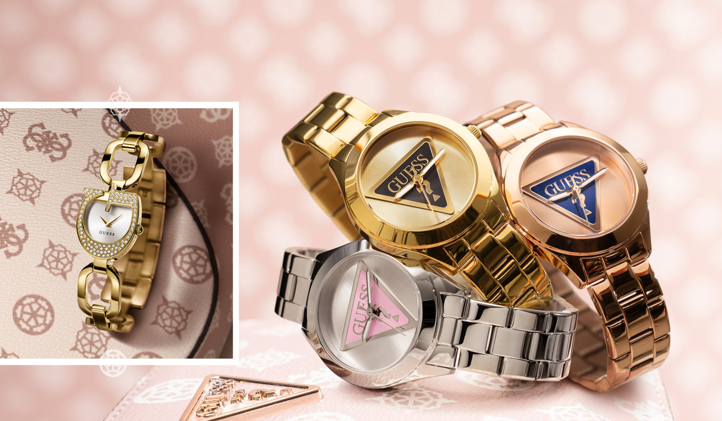 GUESS Logo watches on pink logo patterned background