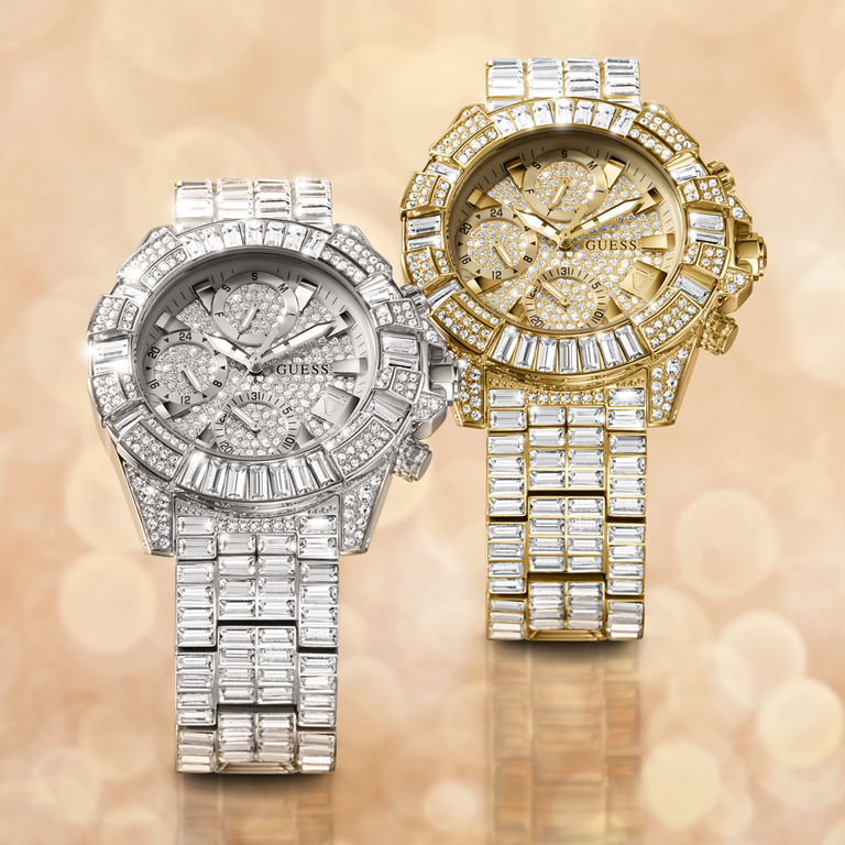 silver and gold watches with crystals 