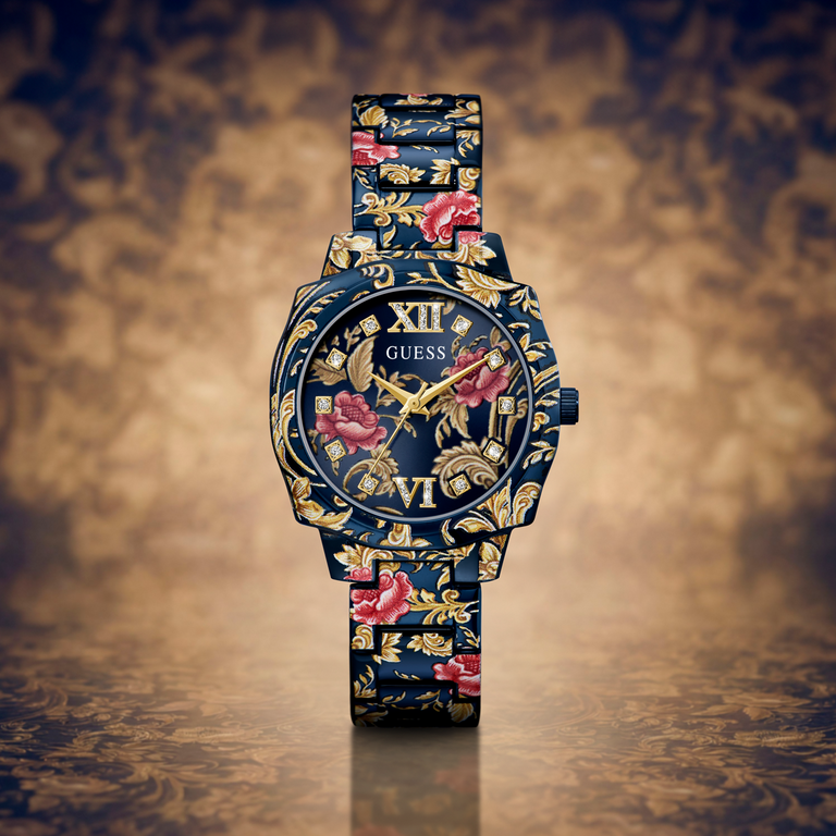 A Guess wristwatch with a dark blue floral patterned strap and case, featuring gold-tone details, pink roses, and Roman numeral hour markers against a textured gold background.