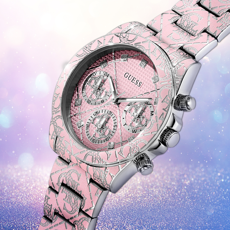 Pink and silver watch with floral pattern on a gradient background