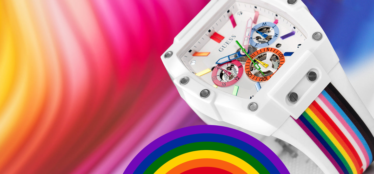 mens rainbow pride watch on colored background with rainbow logo