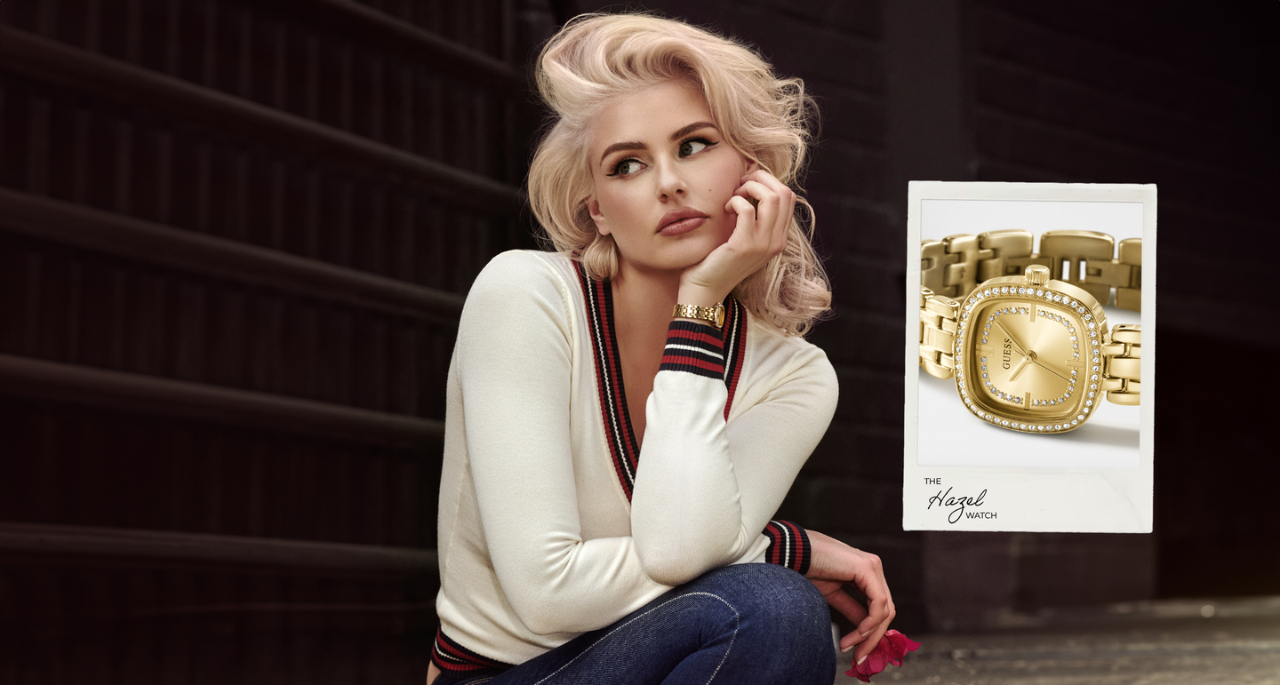 image of blonde girl and polaroid of gold watch at her right