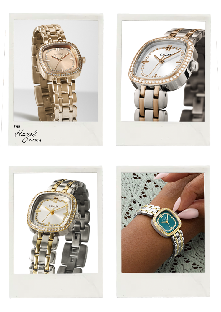 A four-panel collage showing four GUESS women's analog watches with square bezels and link bracelets. The top-left panel shows a gold-tone watch with a champagne dial.