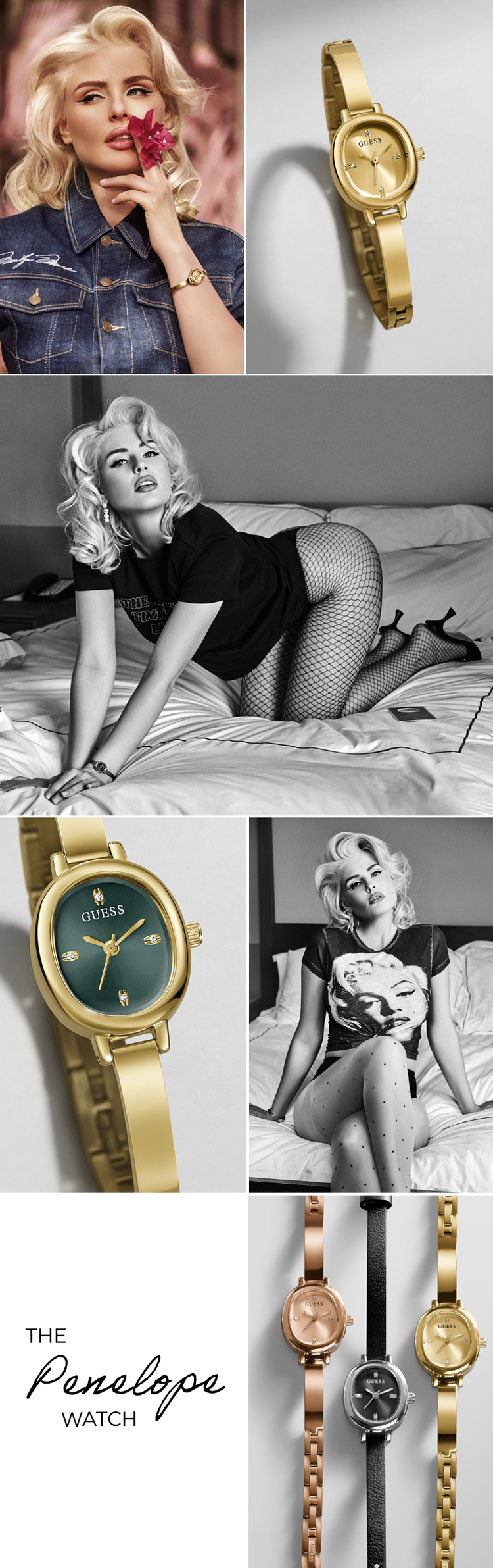 A collage of six panels showcasing The Penelope Watch, featuring gold-tone models with green and black dials, alongside vintage Marilyn Monroe photos and a white background with the brand logo.