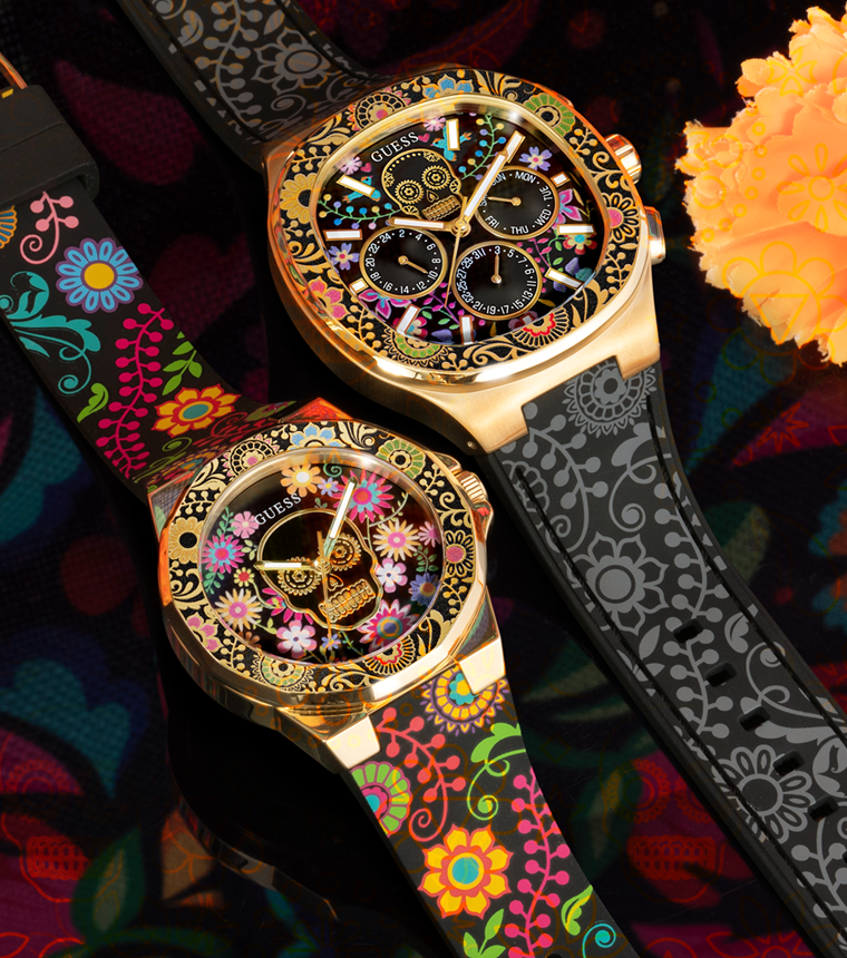 mens and womens day of the dead watches on colorful background