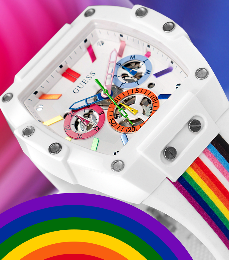 mens rainbow pride watch at an angle on colored background with rainbow logo