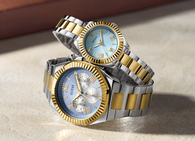 gold and silver mens and womens watch with blue dial