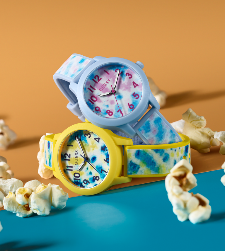 two tie dyed watches for kids in blue and yellow