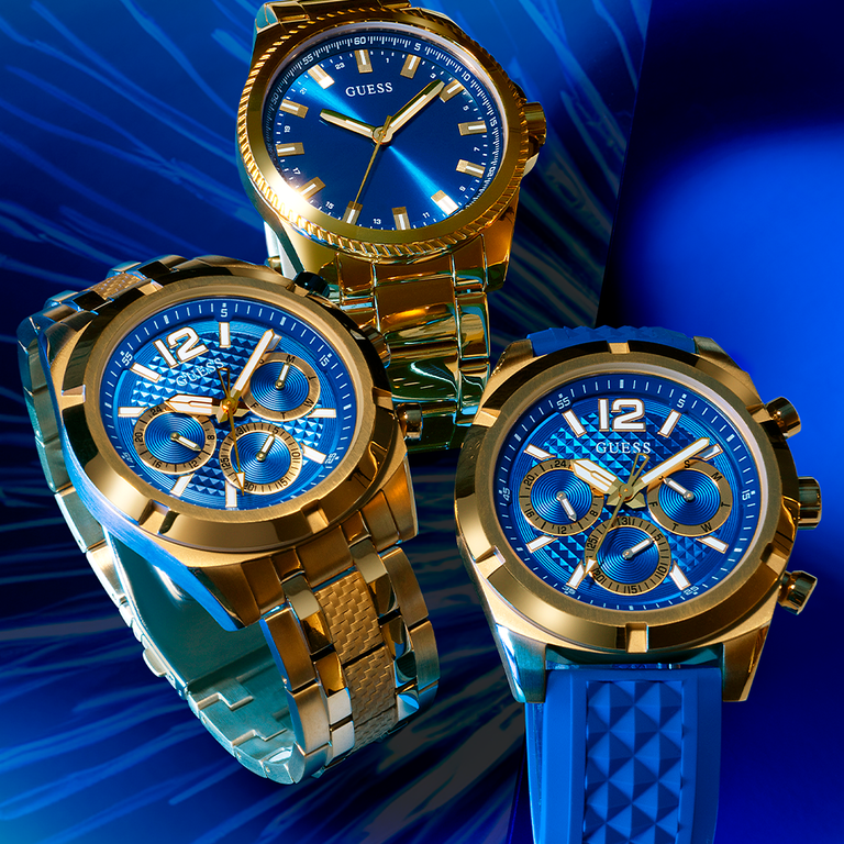 three mens blue and gold watches