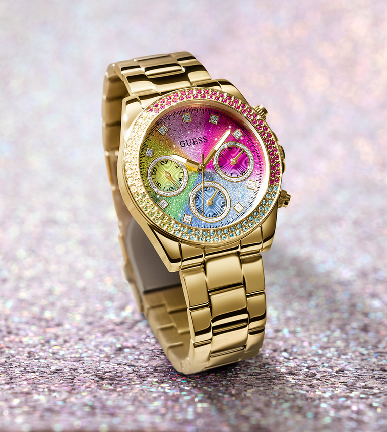 womens gold watch with iridescent dial