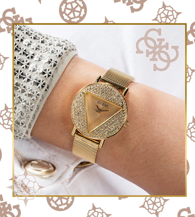 gold logo triangle watch dial with mesh band on logo background