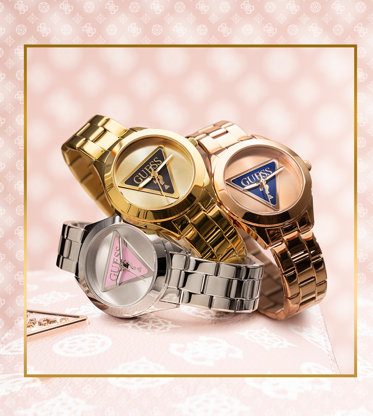 three silver, gold and rose gold watches on logo background