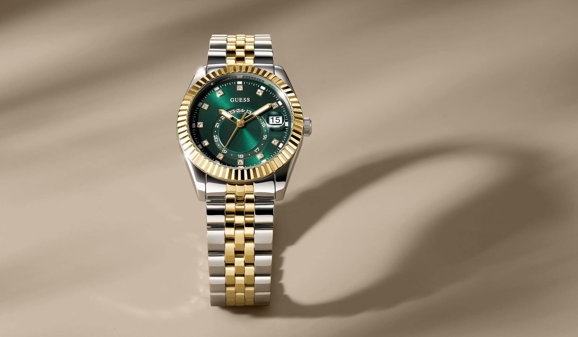 womens two tone watch with green dial and date window