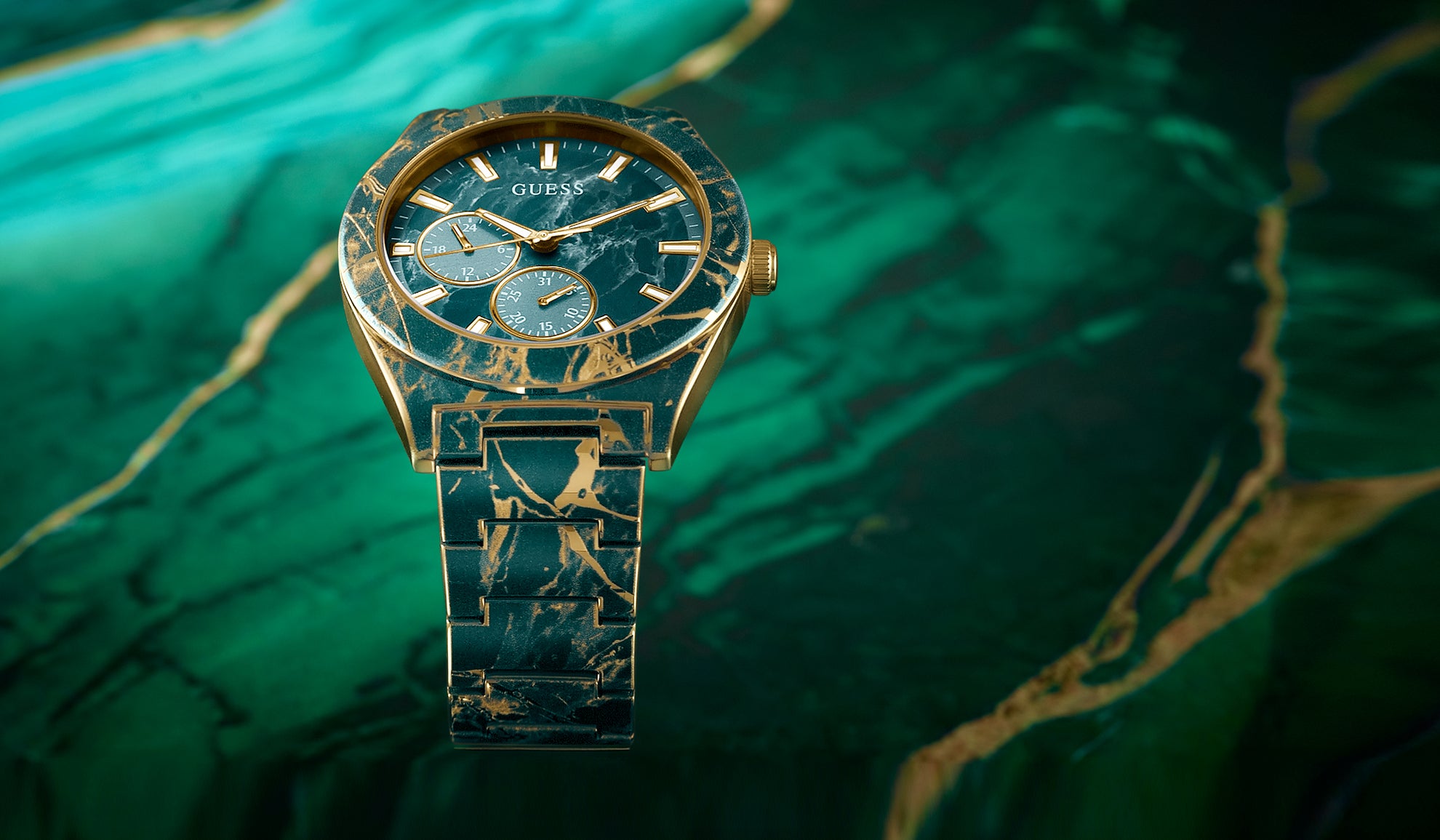 GUESS Mens green and gold marbelized print watch