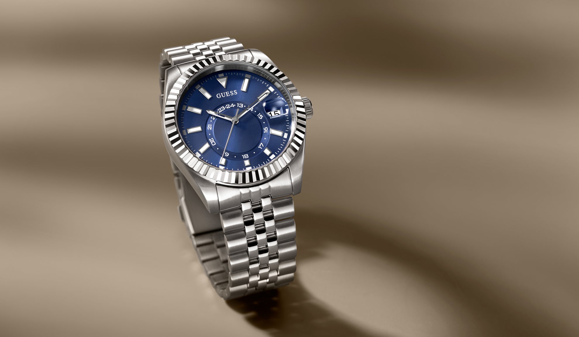 mens silver watch with blue dial and coin edge bezel GW0977G1