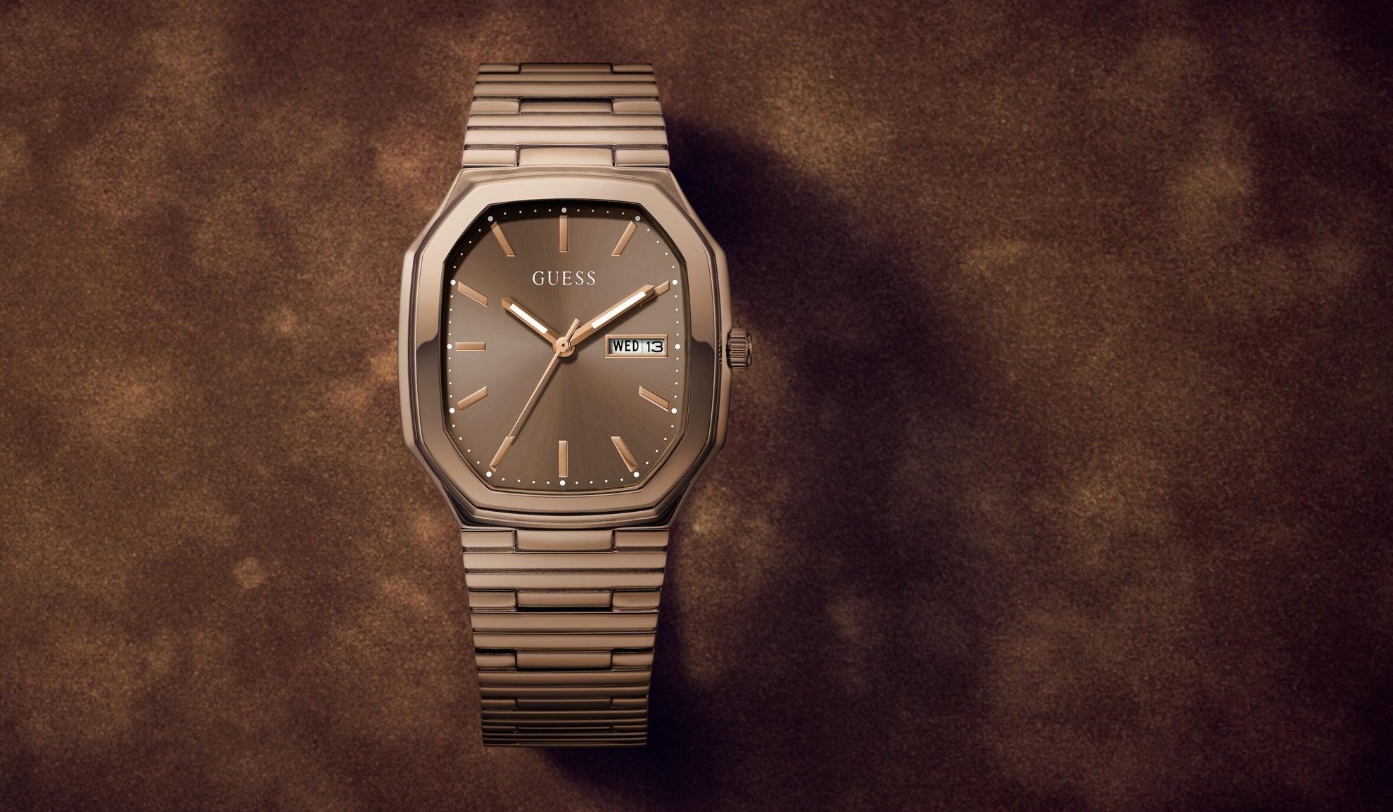 GUESS Mens Coffee Date Watch with a brown textured background