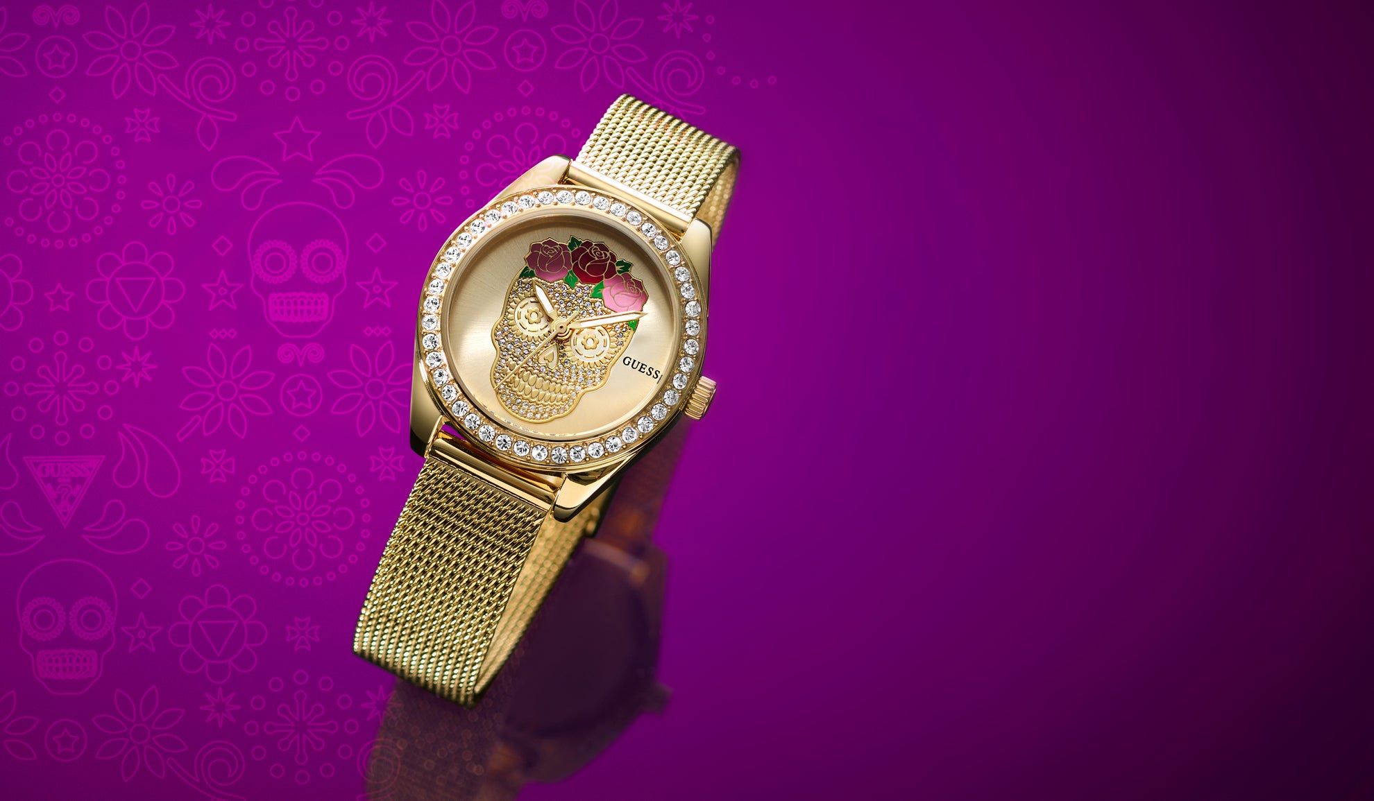 Gold watch GW0946L1 with a decorative face on a purple background