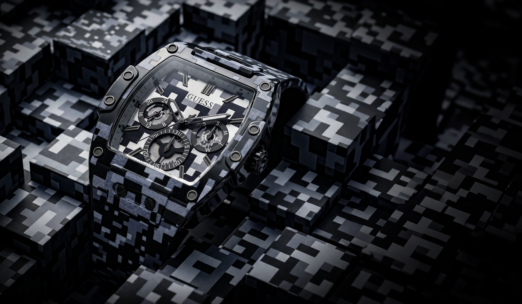 GUESS mens watch with pixelated pattern