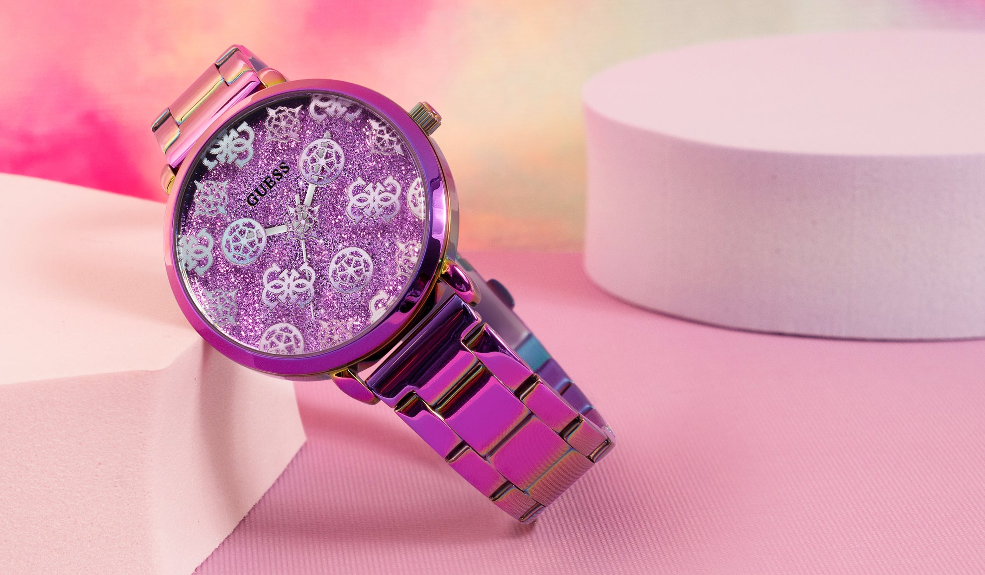 iridescent watch with logo print on dial