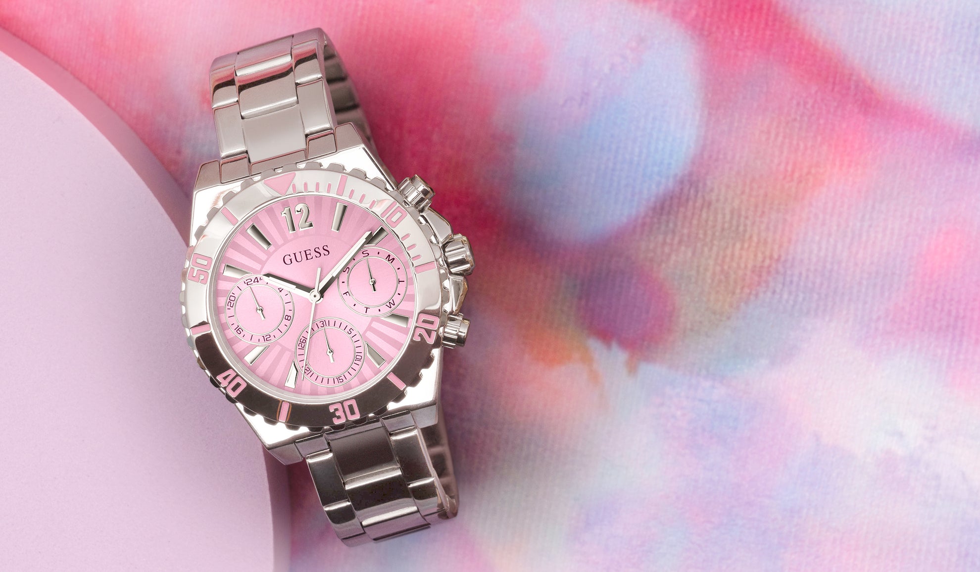 silver womens watch with pink dial