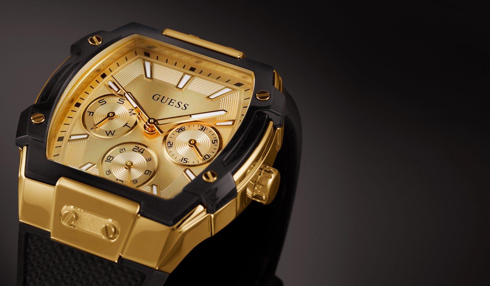 close up of ladies black & gold watch GW0945L2