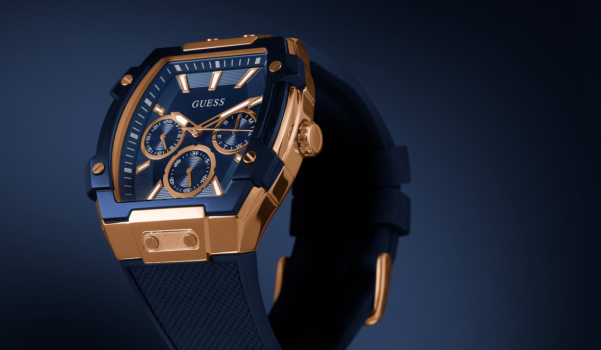 womens rose gold and blue watch with chrono dial GW0945L4