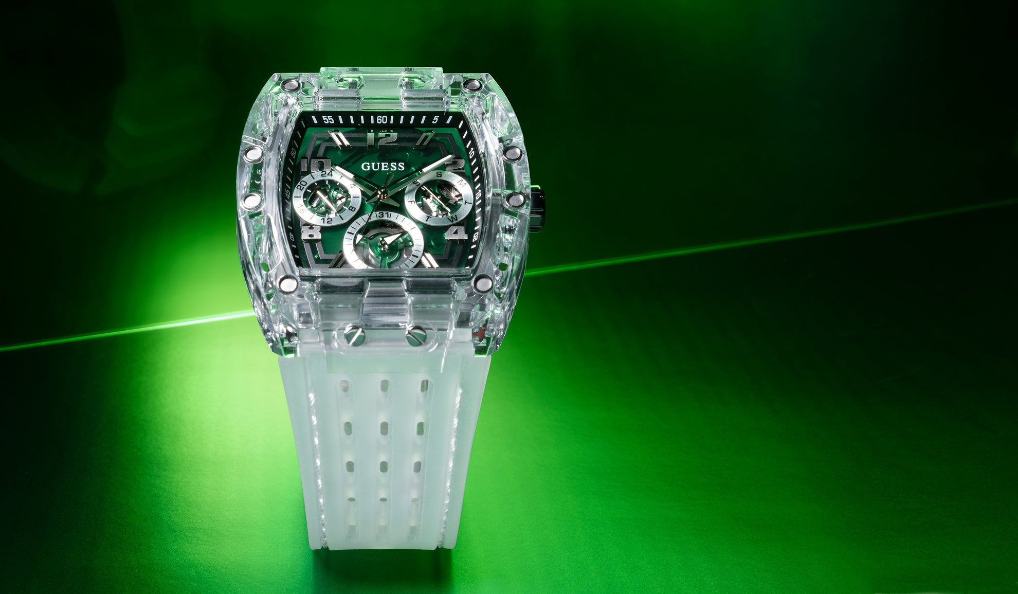 translucent mens watch with green dial gw0499g8