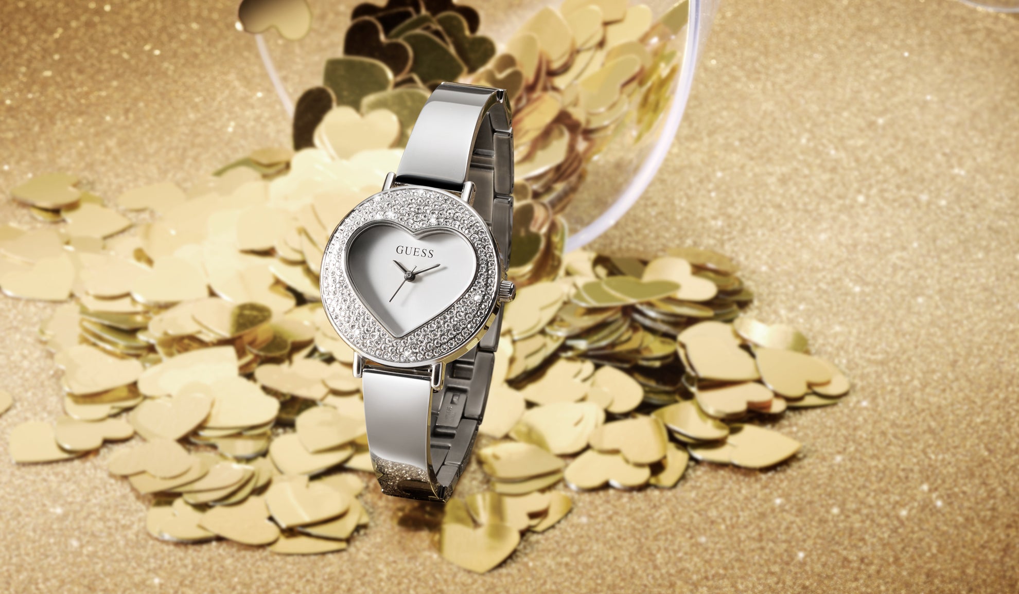 Womens silver watch with heart shaped case
