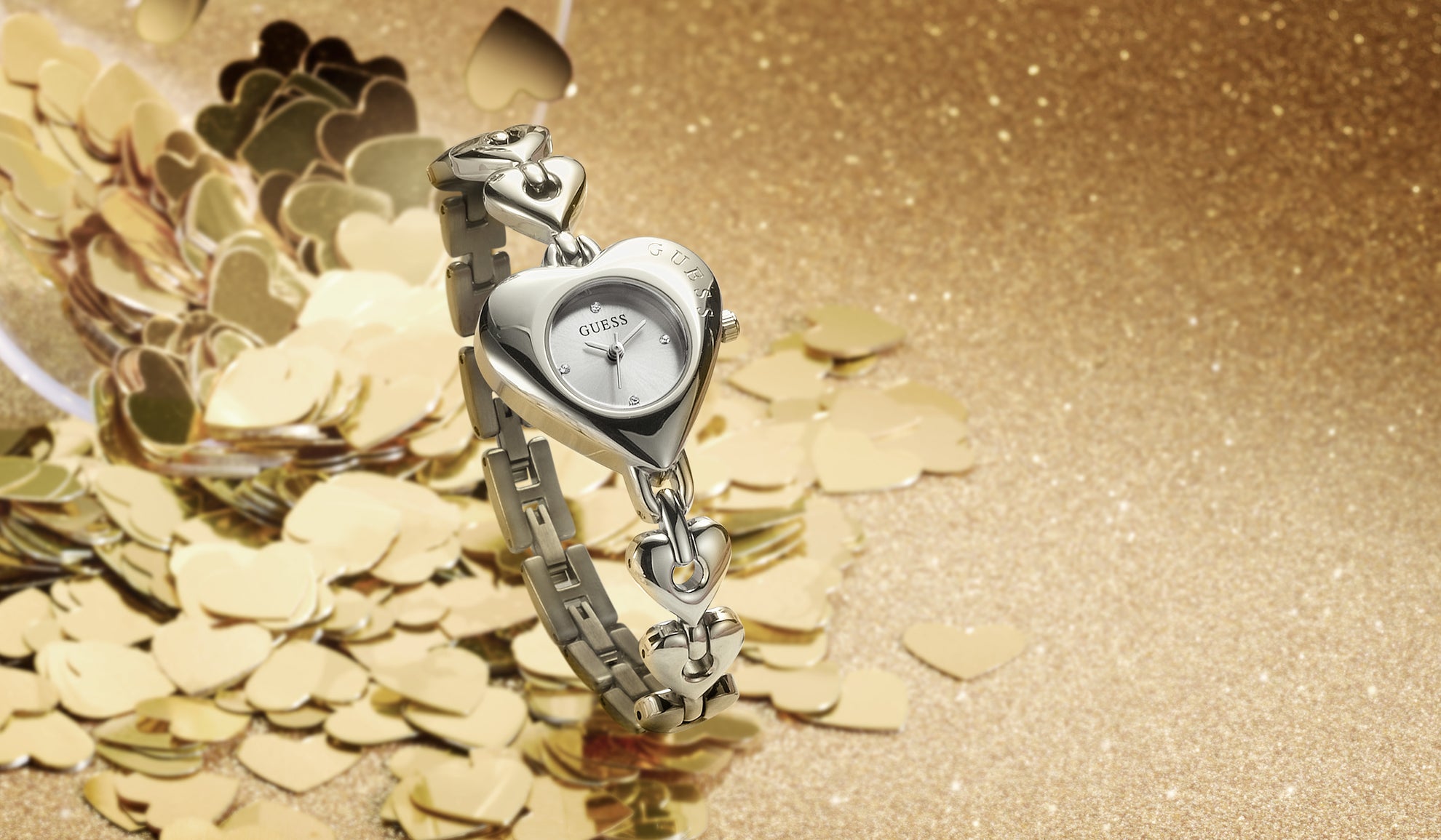 Womens silver GUESS Watch with heart shaped case