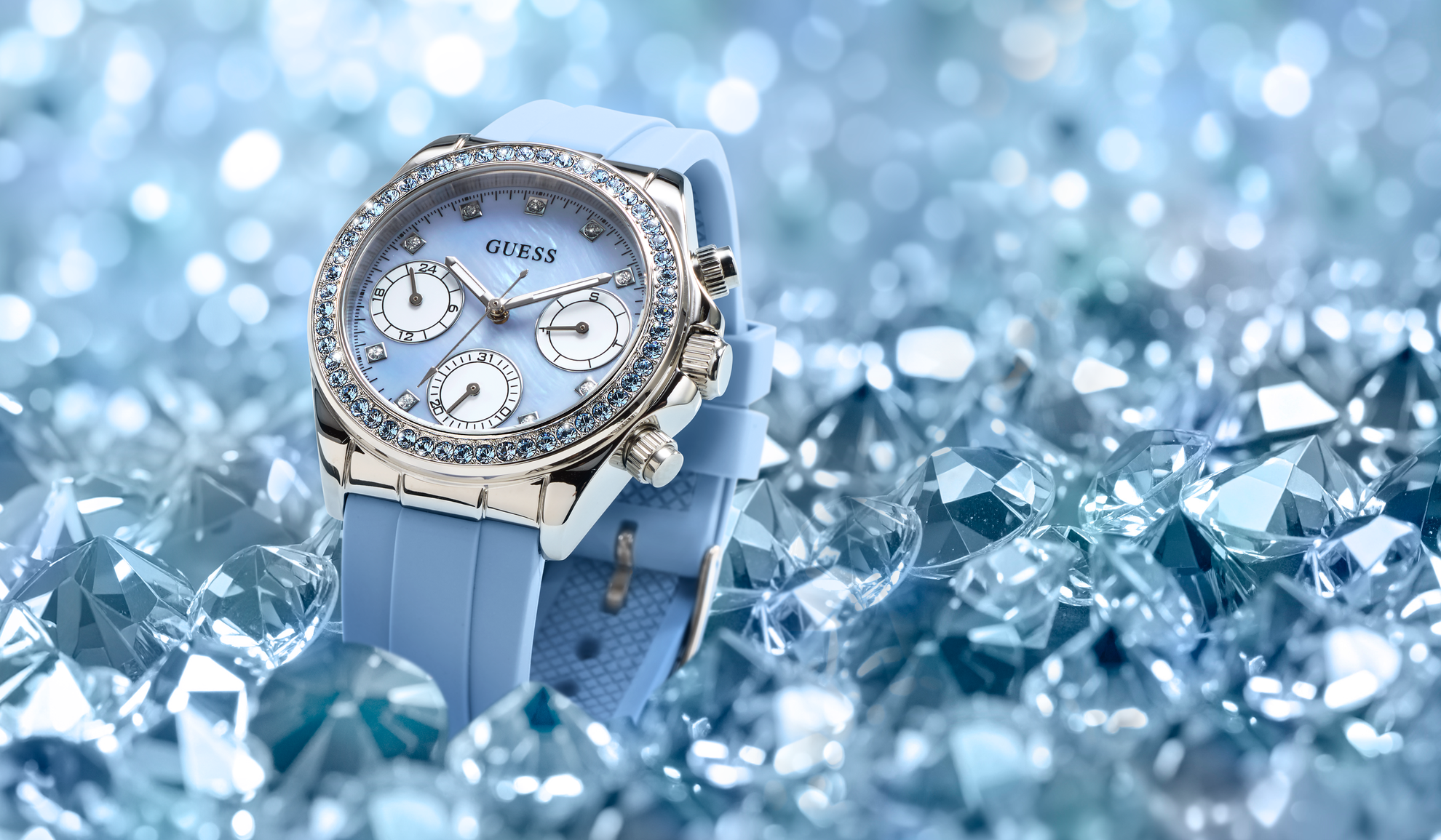 Womens GW1038L1 GUESS Ladies Ice Blue Silver Tone Analog Watch with Swarovski ReCreated™ crystals 