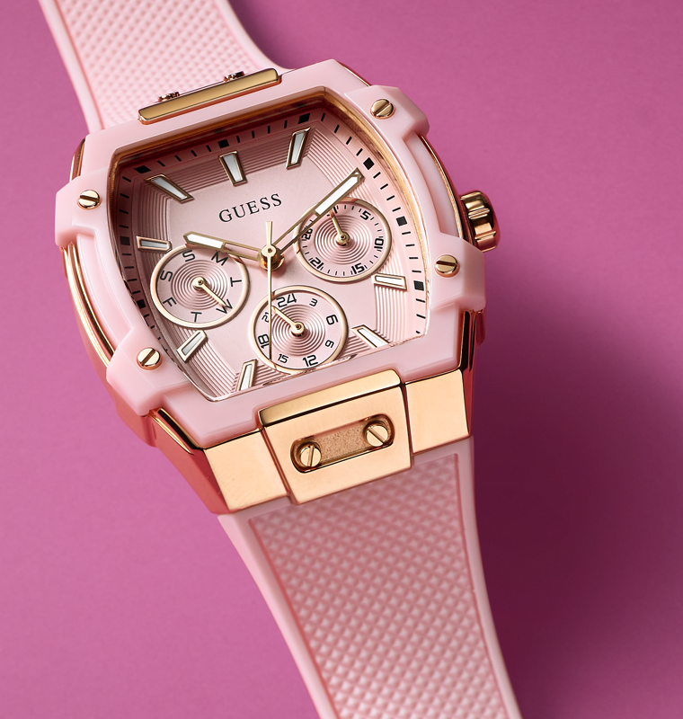 Sparkling Pink BCA with 'Guess' branding on a pink background
