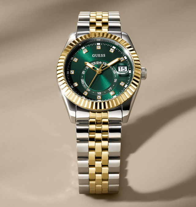 womens two tone watch with green dial and date window and coin edge bezel