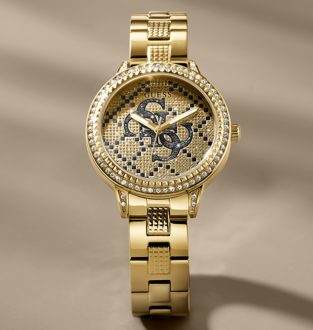Gold watch with diamond-studded bezel on a beige background GW0944L3