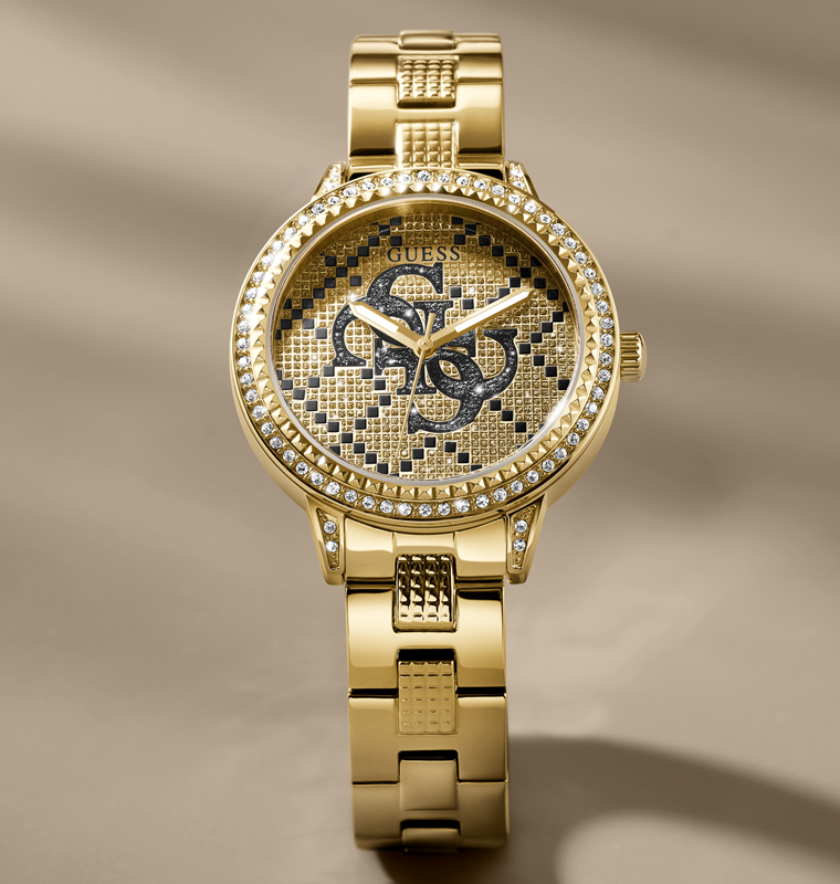 Gold watch with diamond-studded bezel on a beige background GW0944L3