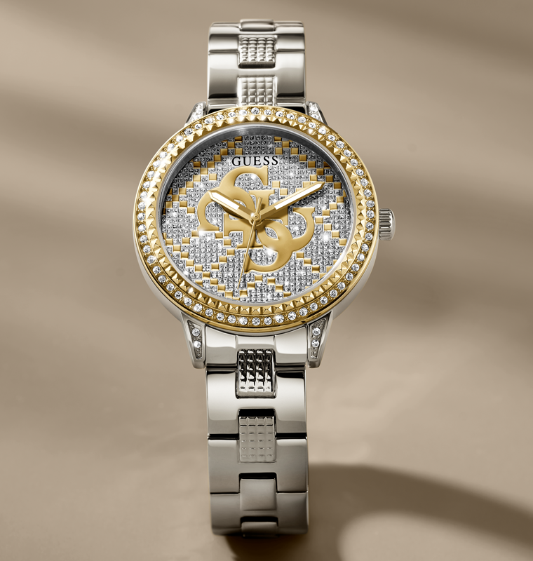 Silver and gold watch with brand logo on a beige background GW0944L3