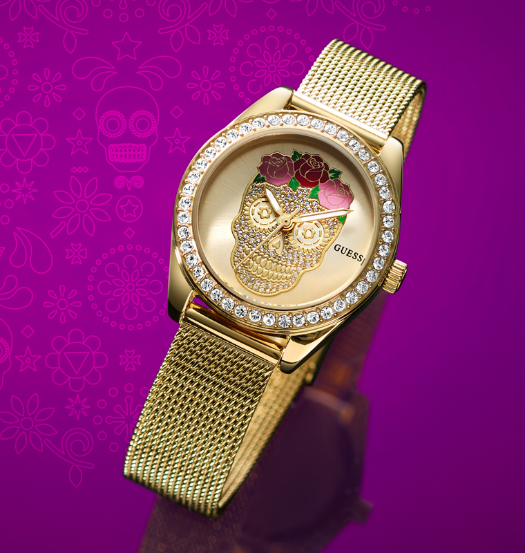 Gold watch GW0946L1 with floral design on a purple background