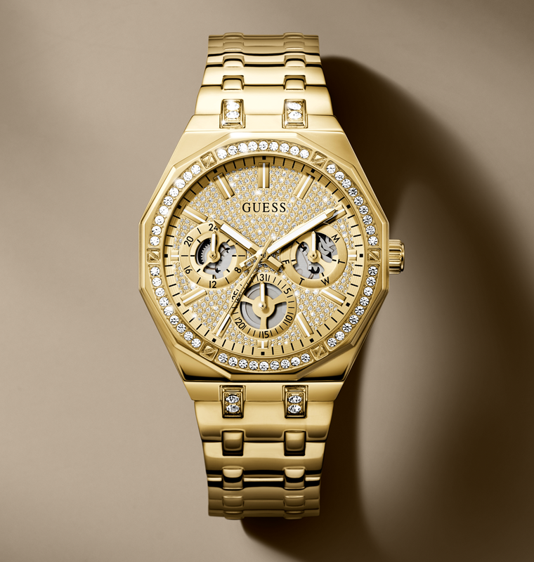 Gold watch with diamond accents on a brown background GW0960G2