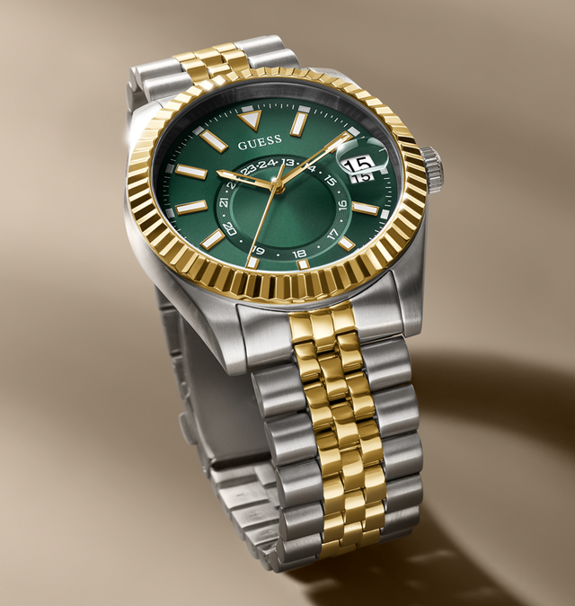 mens two tone watch with green dial and coin edged bezel GW0977G4