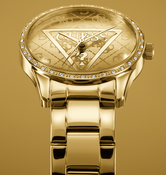 Gold watch with G Logo design on a gold background