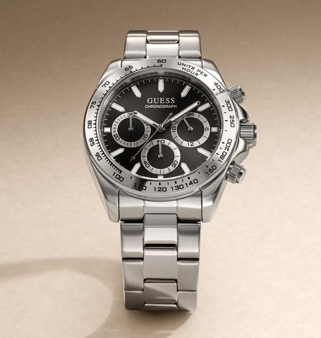 A stainless steel chronograph wristwatch with a black dial and silver link bracelet, photographed on a clean beige background. The dial features three subdials and the brand name GUESS is visible.
