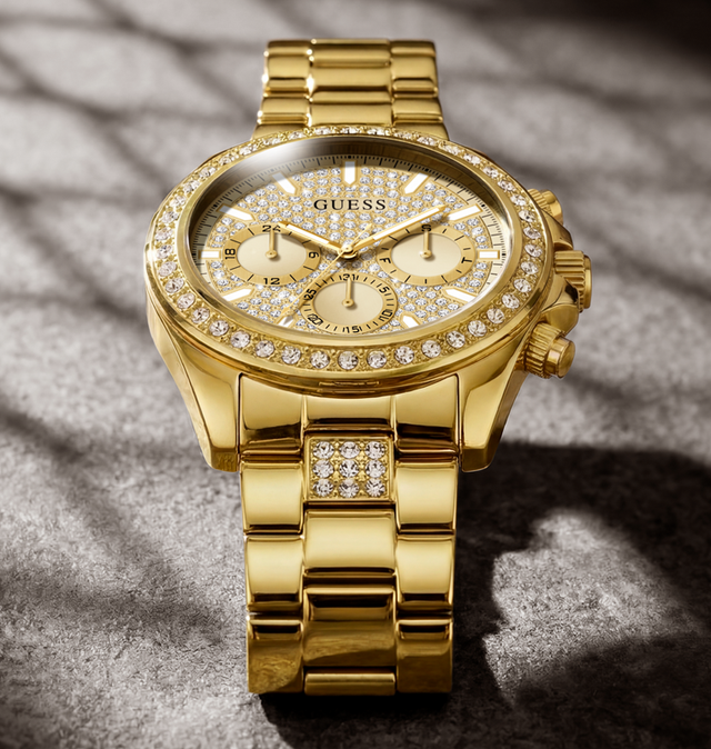 Gold-tone Guess wristwatch with a diamond-encrusted bezel, matching gold dial with three subdials, and a linked metal bracelet, photographed on a textured gray surface with dramatic shadows.