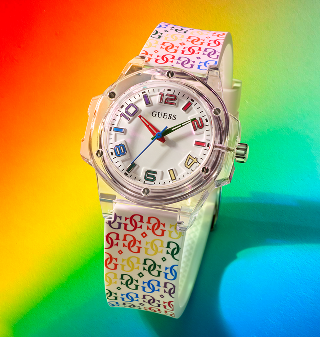 womens pride watch with clear case and colorful G pattern on white strap and white dial