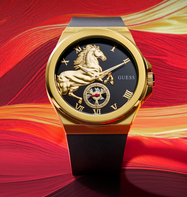 GW0979G1 Lunar New Year mens black & gold GUESS Watch on red background
