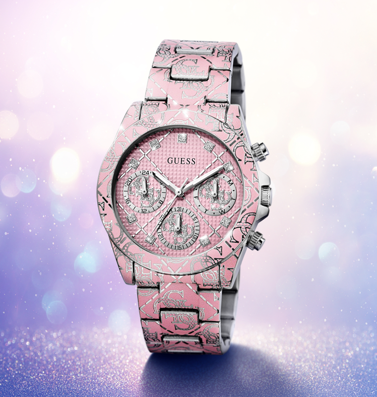 Pink Guess watch on a sparkling background