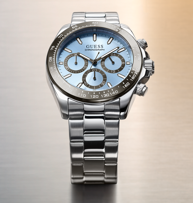 Silver watch with a blue face on a gradient background GW1058G1