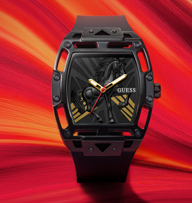 GUESS Mens Limited Edition Lunar New Year Black Analog Watch on red background