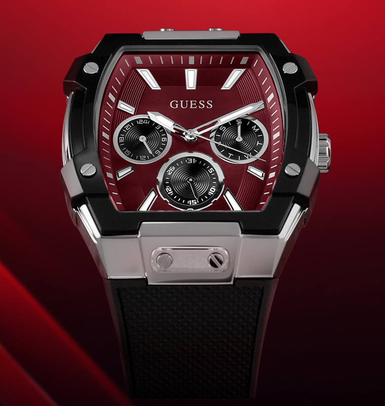 Guess watch with red face and black strap on a red background gw0956g1