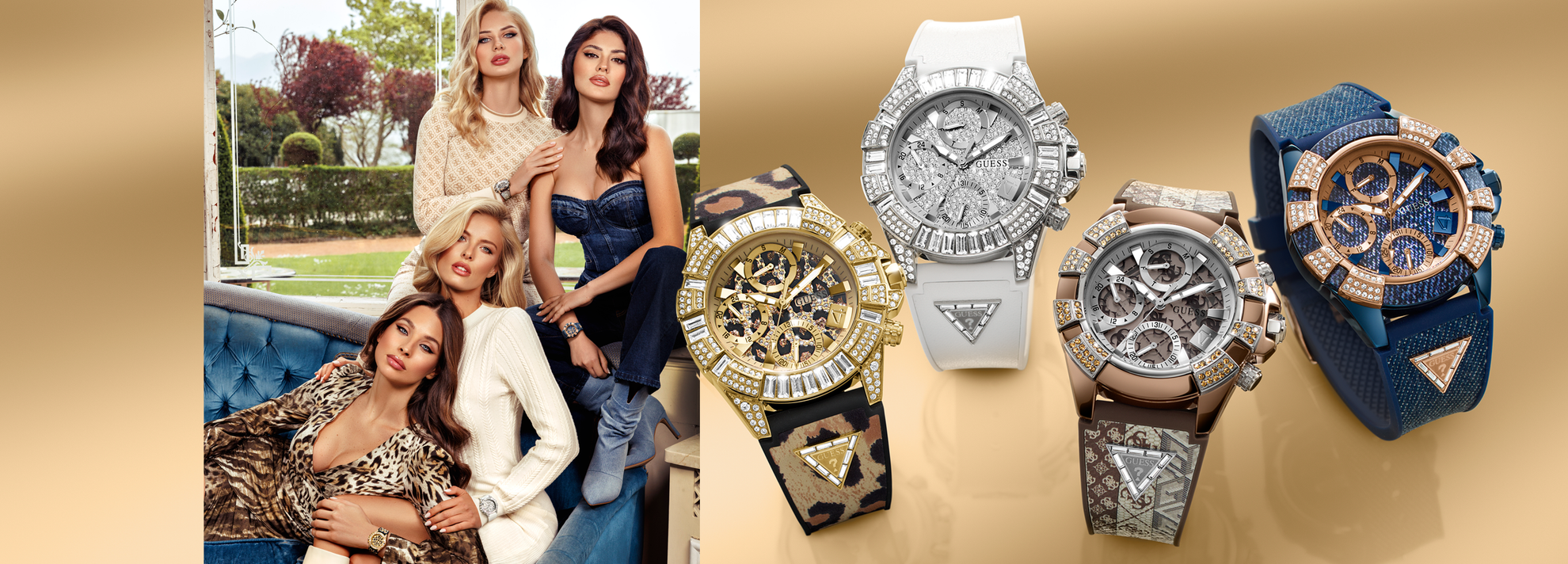 Four women wearing guess watches and four watches